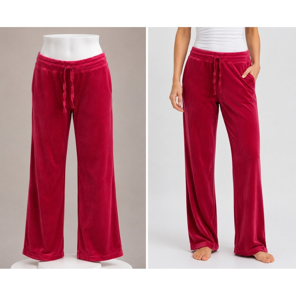 Vintage Onque Casual Velour Pants Small Petite Red Y2K Loungewear Drawstring